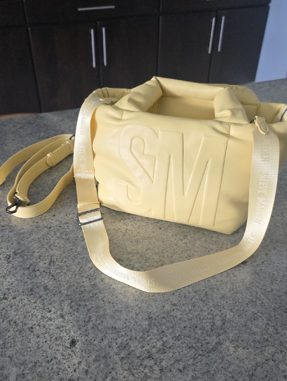 Steve Madden Butter Yellow Puffer Crossbody Bag with Embossed SM
